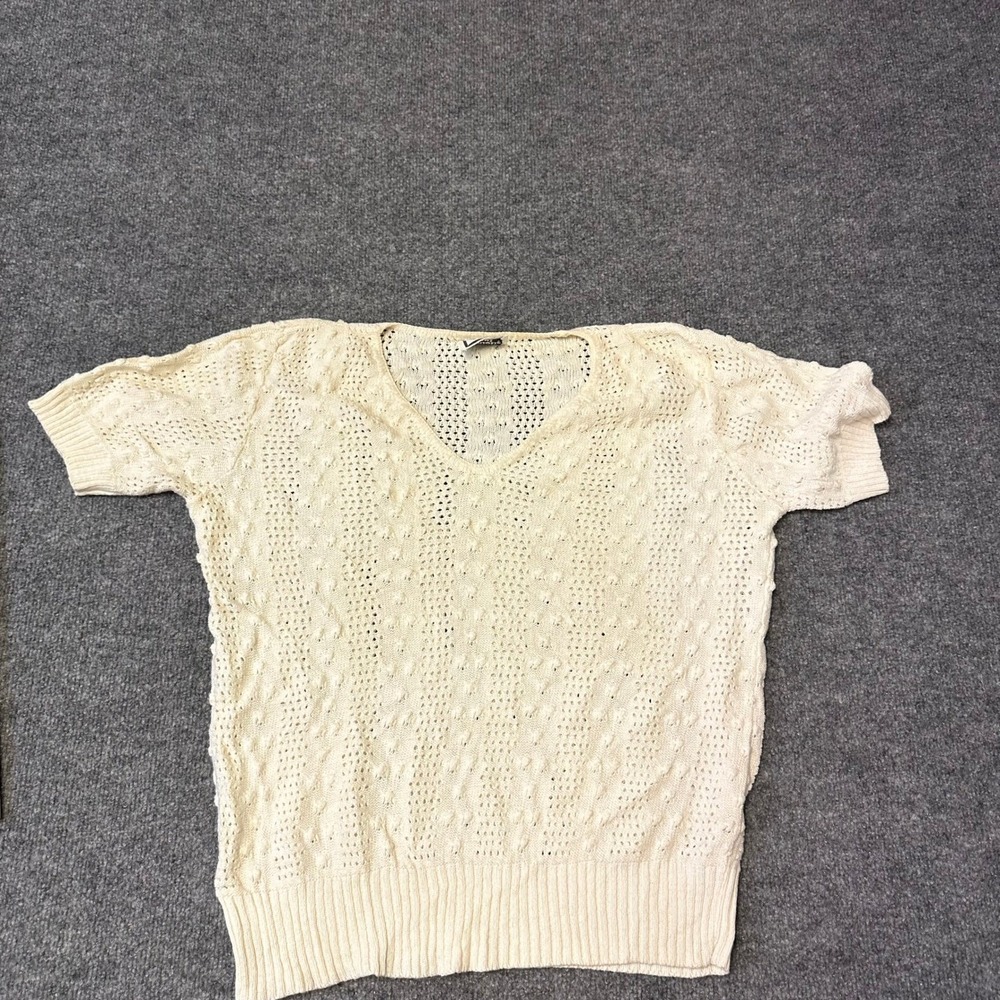 Keneth Too! Sweater Womens Size L Cream Pointelle Knit V-Neck Short Sleeve Stain